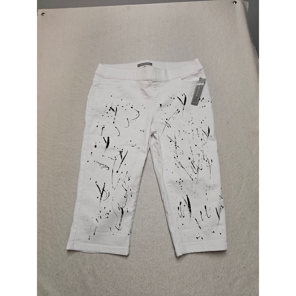 Via Ritina White Black Paint Splatter Pull On Capri Pants N11706 Size 12 NEW